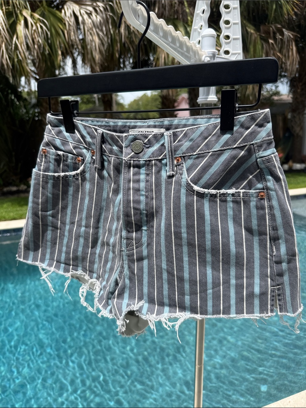 GRLFRND Cindy High Rise Shorts Taffy Stripe Blue Revolve Cut Off Size 26 - Picture 1 of 7